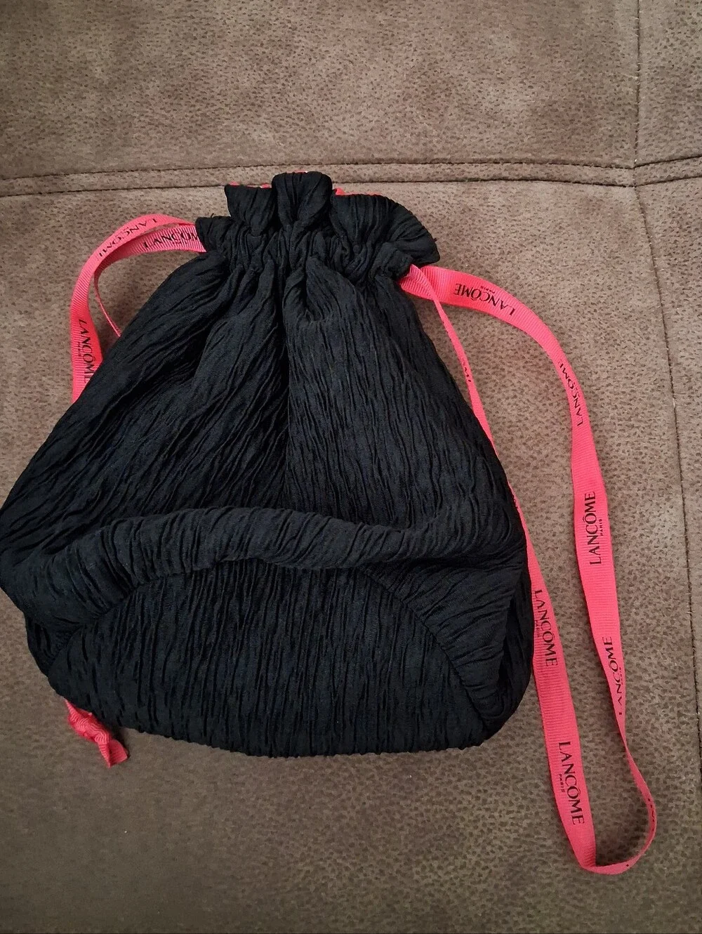 Lancôme Black Drawstring Cosmetic Pouch with Pink Logo Ribbon